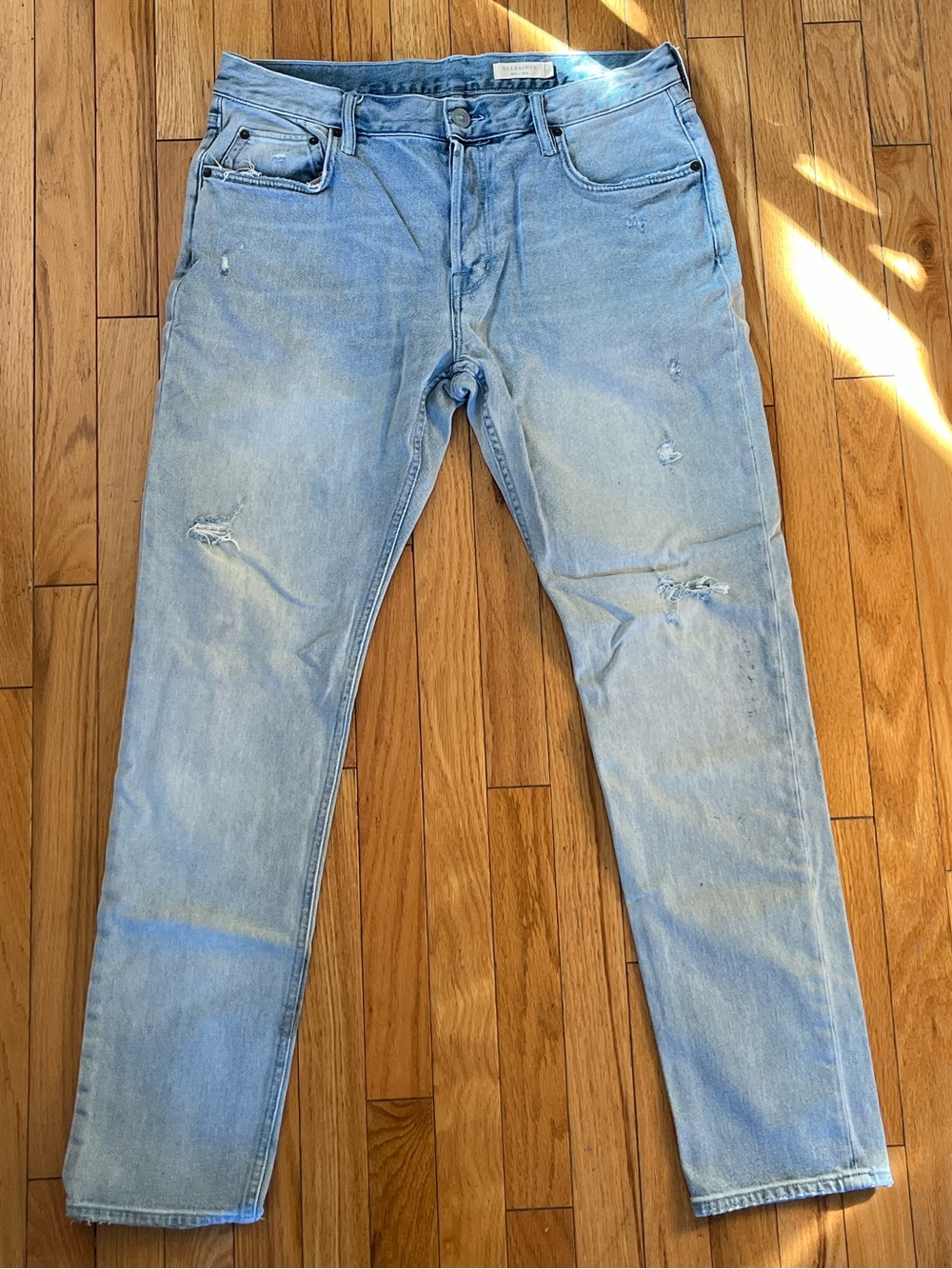 AllSaints Rex Damaged Light Wash Slim Straight Low Rise Distressed Jeans Button